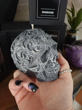 Load image into Gallery viewer, Black Cherry Filigree Skull Candle