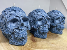 Load image into Gallery viewer, Blue Sage &amp; Seasalt Filigree Skull Candle