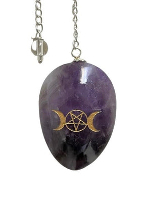 Oval Pendulum Amethyst with Purple Triple Moon Engraving