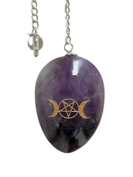 Oval Pendulum Amethyst with Purple Triple Moon Engraving