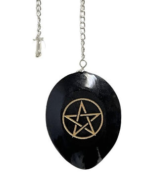 Oval Pendulum Black Obsidian with Pentacle Engraving
